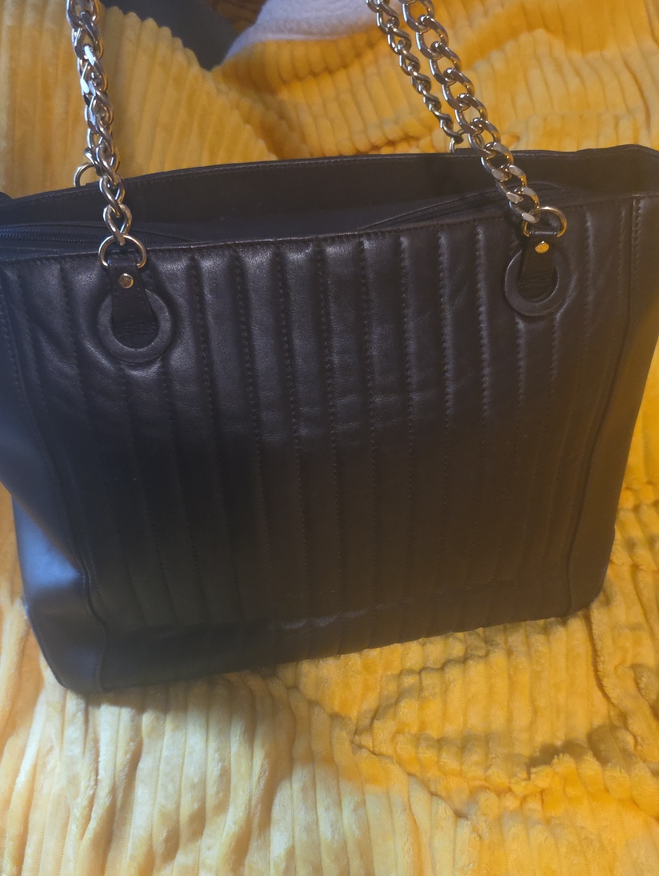 Levenger Dark Brown Leather Quilted Tote With Gold Chain Handles